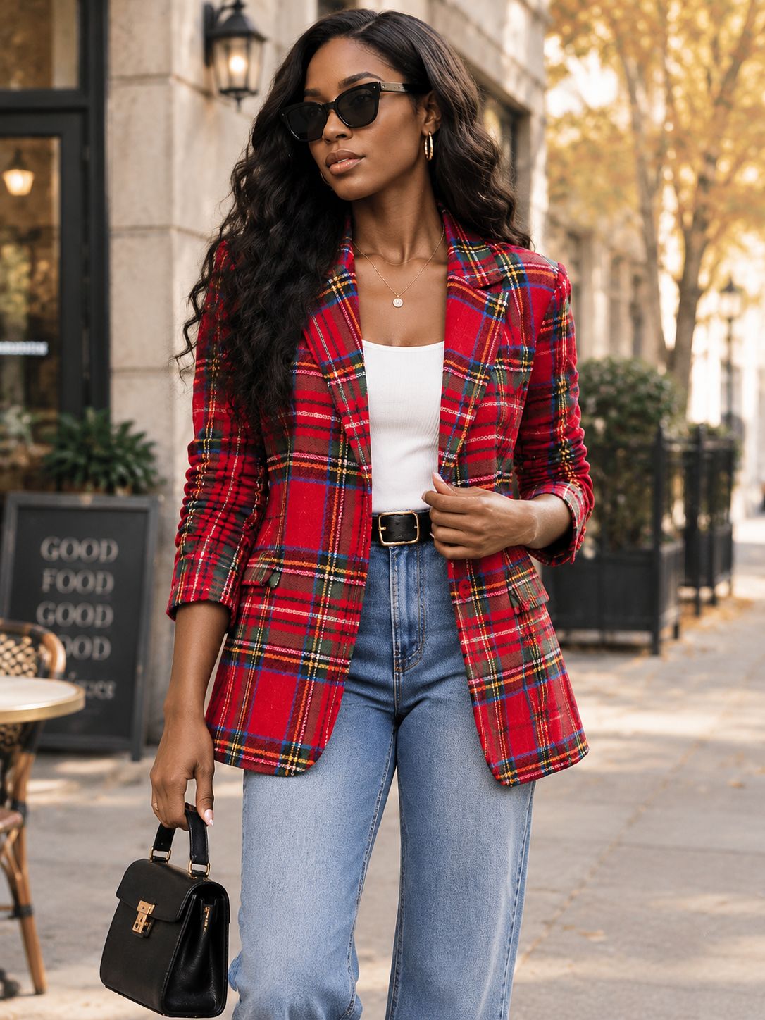 Women's Red Tartan Plaid Blazer — Notched Lapel, Single
