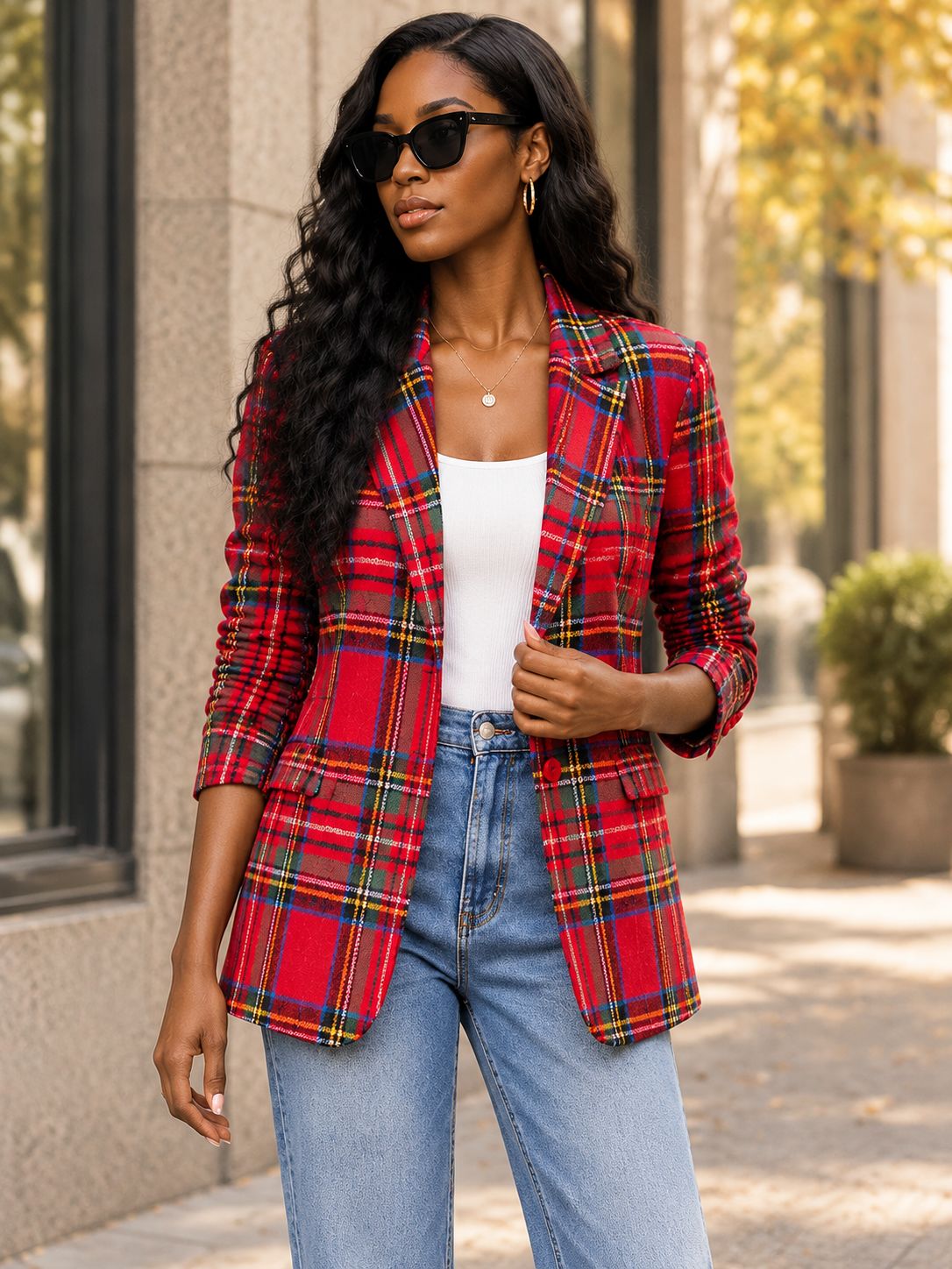 Women's Red Tartan Plaid Blazer — Notched Lapel, Single