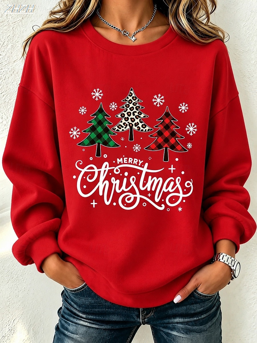 Warm Fleece Christmas Sweatshirt — Leopard Plaid Tree P
