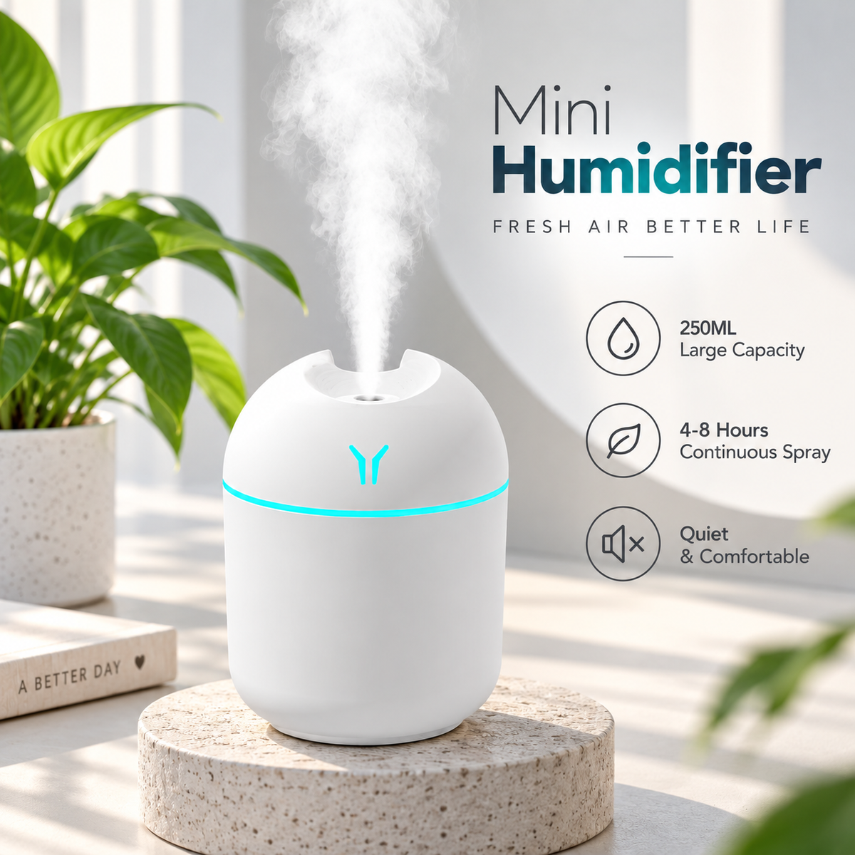USB Mini Humidifier — 250ml, Ultrasonic, LED Night Ligh