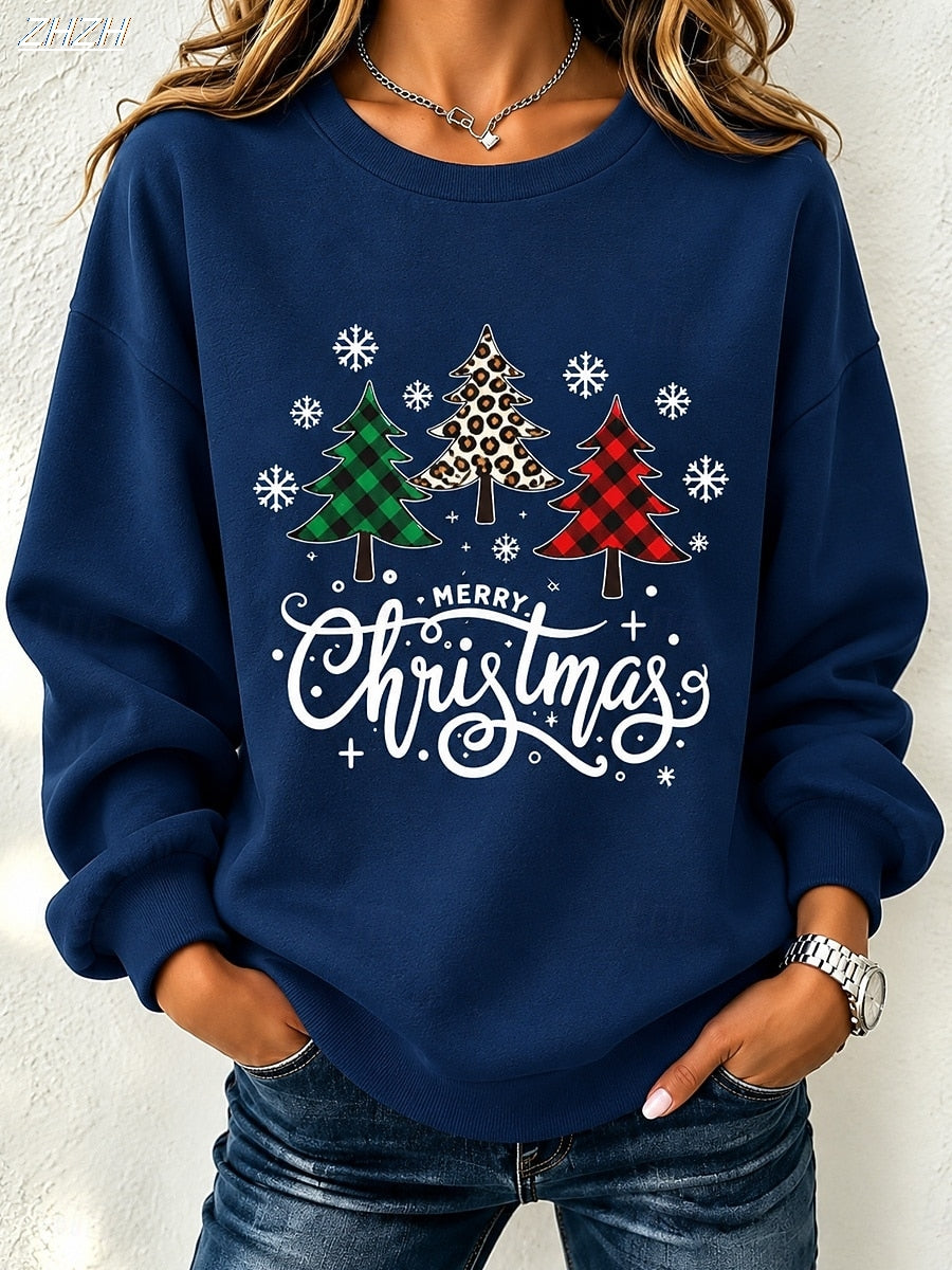 Warm Fleece Christmas Sweatshirt — Leopard Plaid Tree P