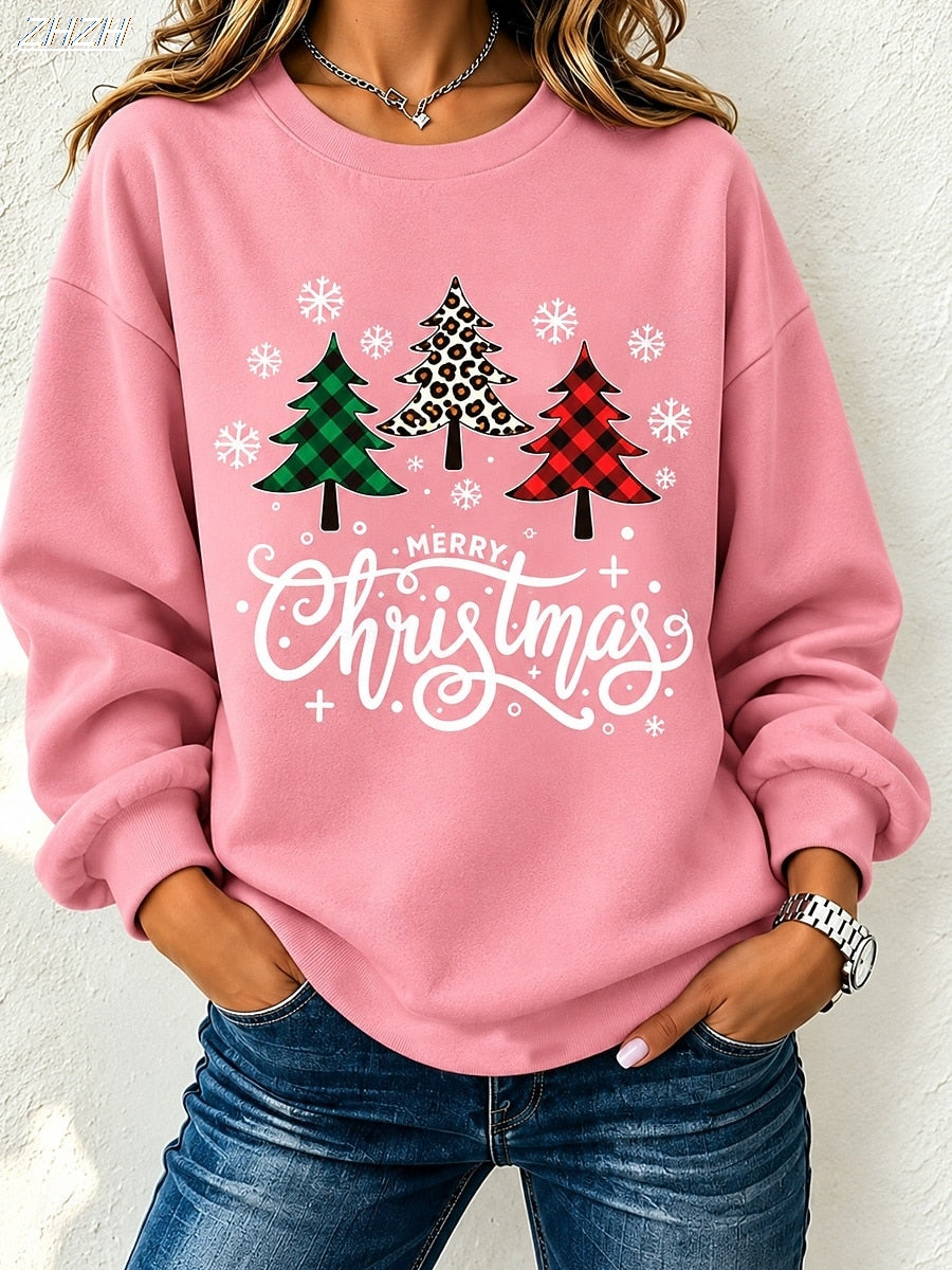 Warm Fleece Christmas Sweatshirt — Leopard Plaid Tree P