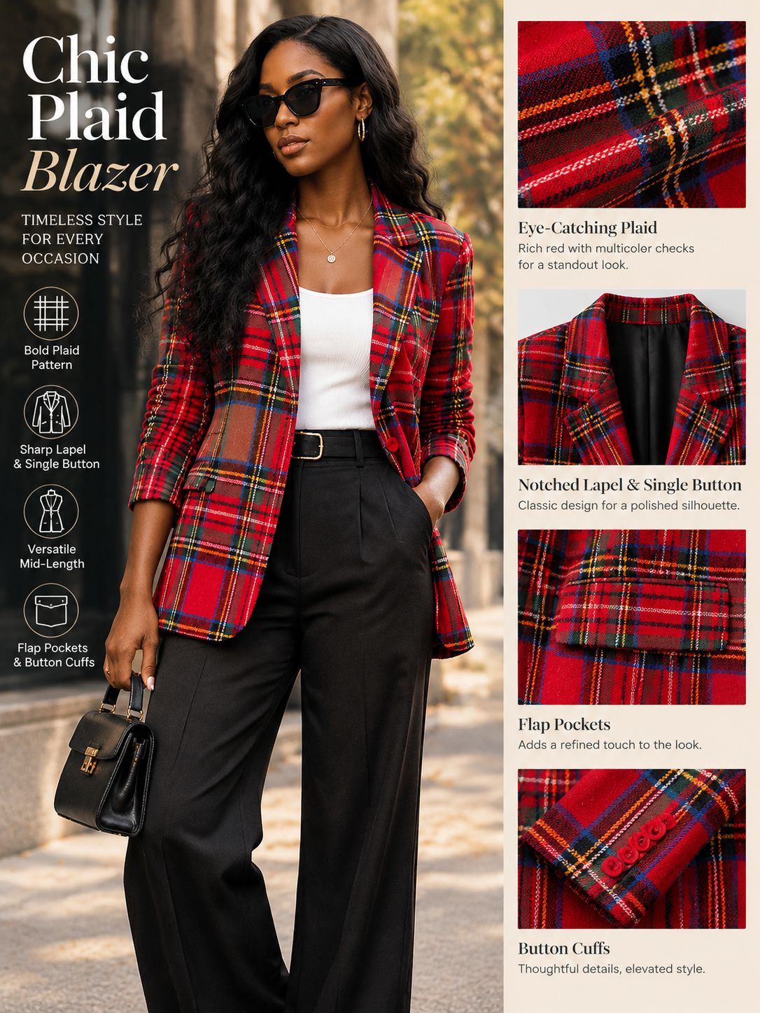 Women's Red Tartan Plaid Blazer — Notched Lapel, Single