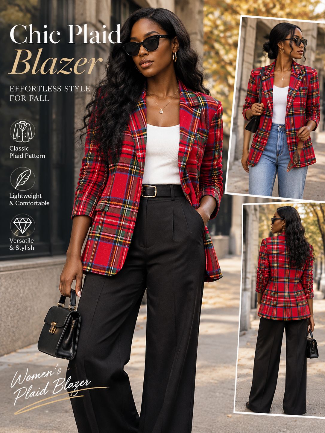 Women's Red Tartan Plaid Blazer — Notched Lapel, Single