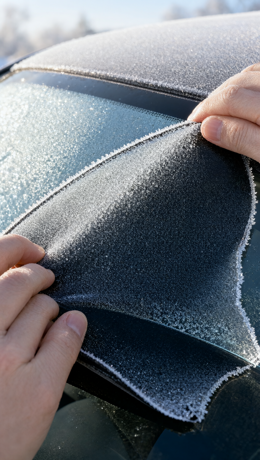FrostPeel fp4 demo money shot — magnetic windshield frost cover